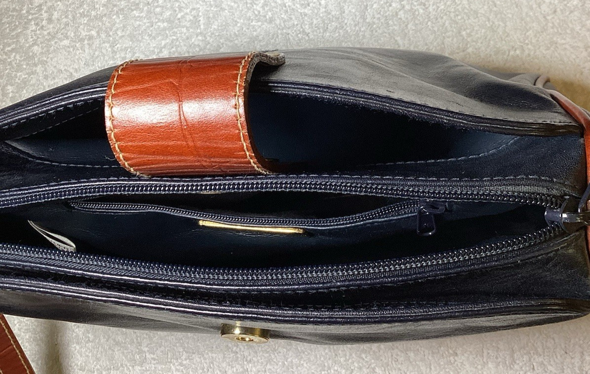 Andrew Geller Boutique Leather Crossbody Purse/Black with Brown Trim & Strap