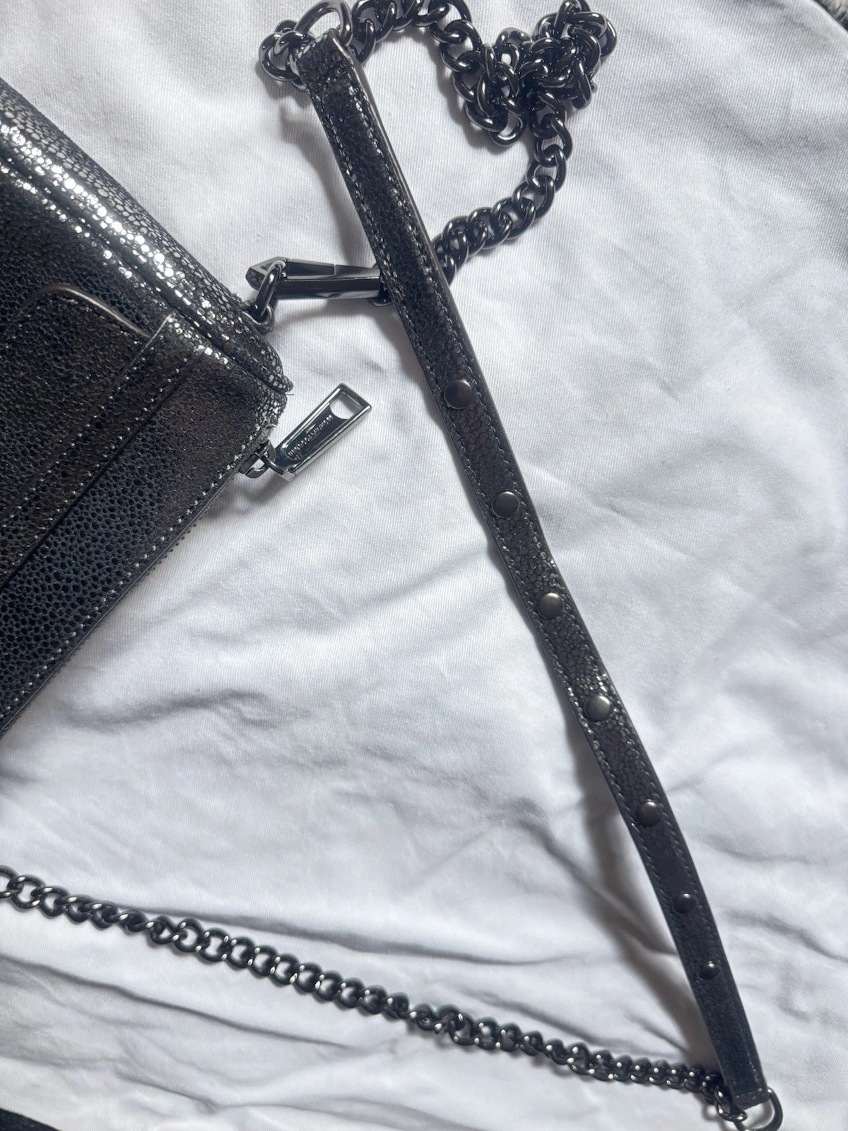 Rebecca Minkoff Mini Mac Clutch SILVER Metallic Black Hardware Crossbody 9”x7”