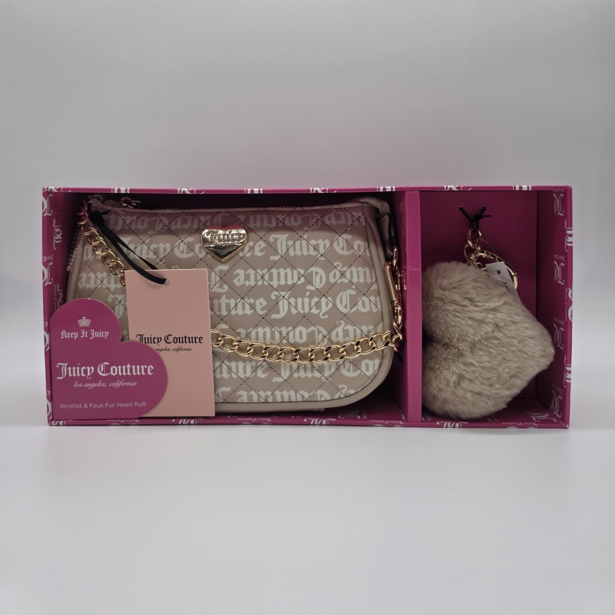 Juicy Couture Beige Logo Wristlet Zip Gold Hardware Key Chain Bag charm
