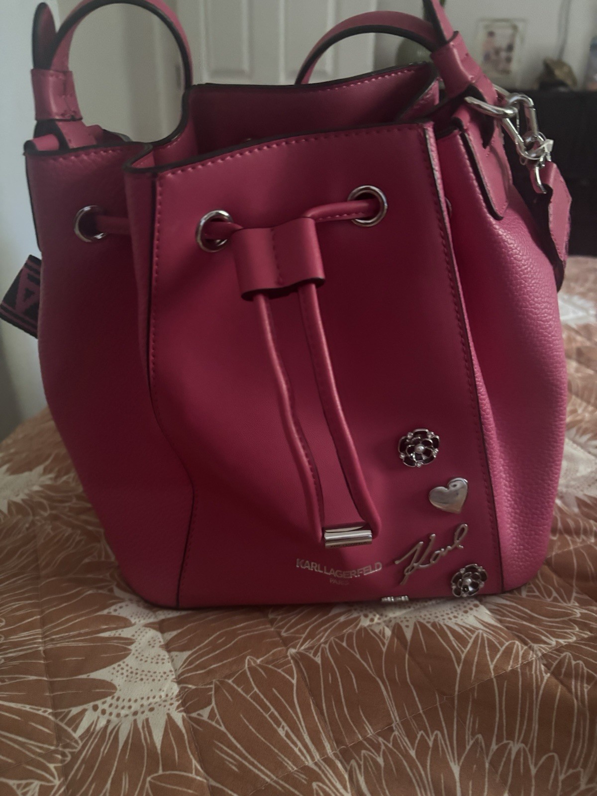 Karl Lagerfeld Paris Pink Bucket Drawstring Bag, Adjustable Detachable Strap