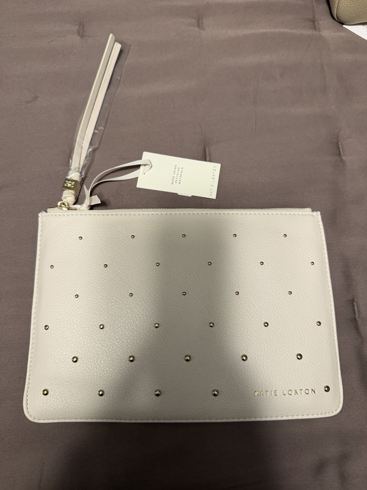 Katie Loxton White Pebbled Small Wristlet Clutch Studded Zip Gold Hardware