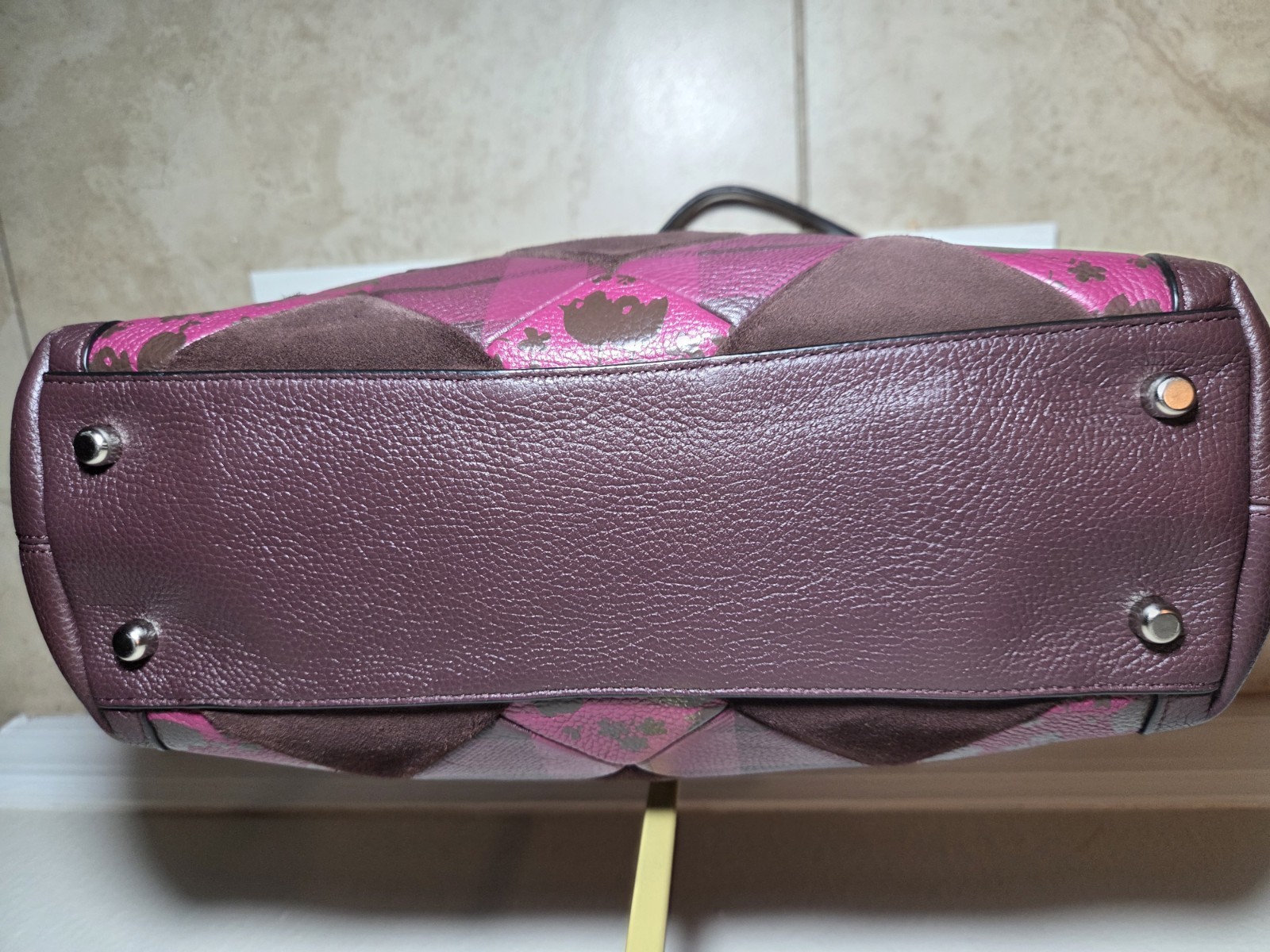 Coach Oxblood Patchwork Floral Print Edie Turn Lock Leather/Suede Shoulder Bag