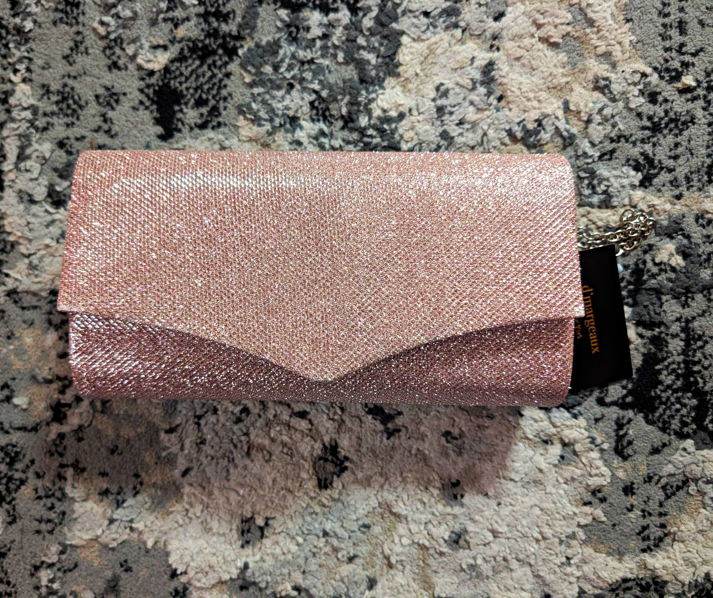 Women’s Small Pink Glitter Clutch Purse, Silver Chain Strap, Magnetic Closure