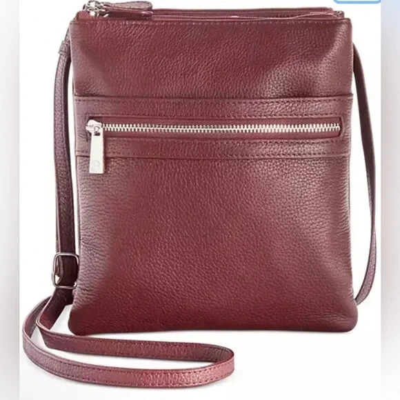 Giani Bernini Triple-Zip Pebble Leather Dasher Crossbody Burgundy Silver
