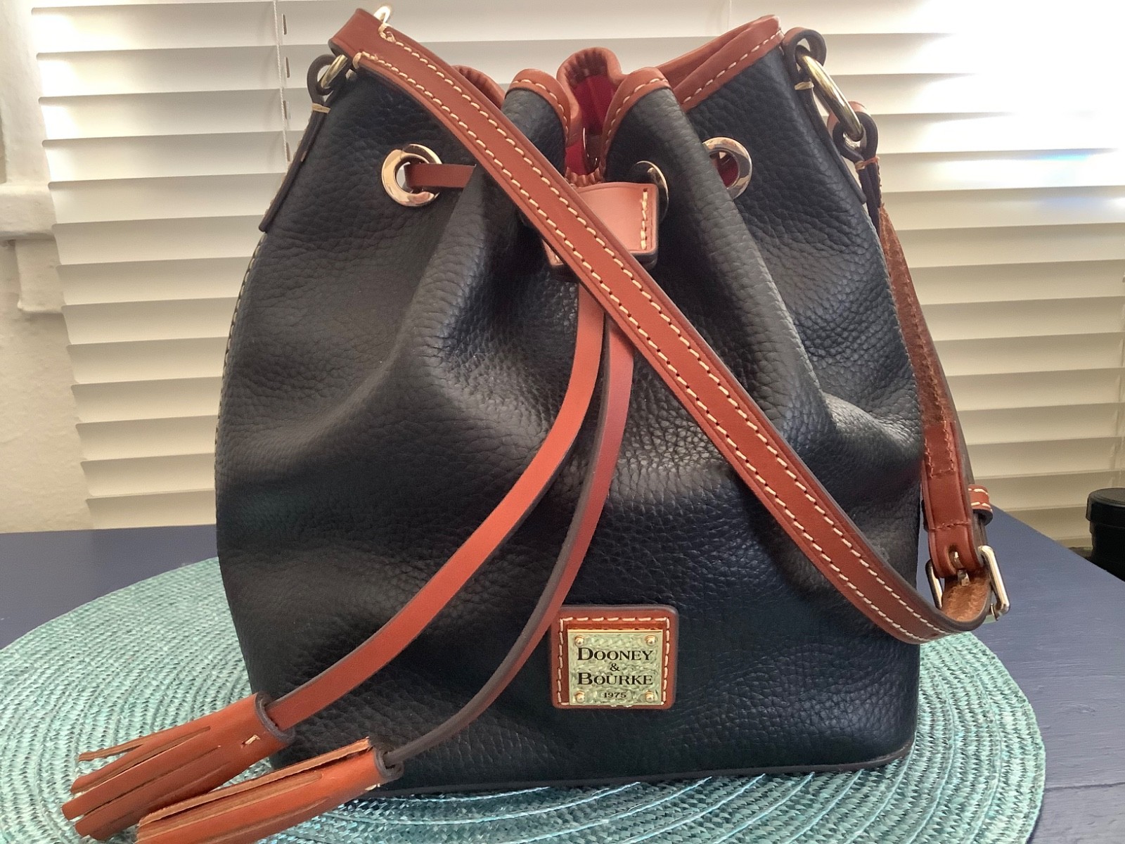 Dooney & Bourke Pebble Leather Kendall Drawstring Bucket Crossbody Black & Tan