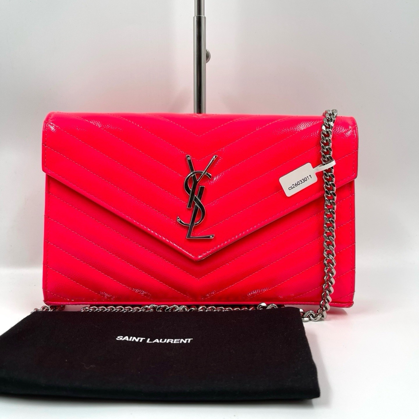 SAINT LAURENT YSL Monogram Chain Crossbody Bag Pink Patent Leather 033011
