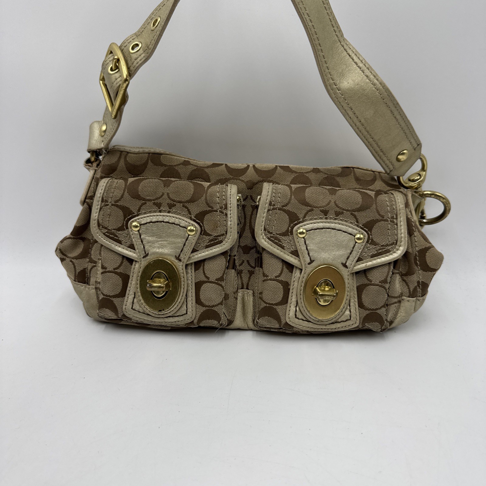Coach Legacy Double Turnlock Tan Signature C Bag Metallic Gold Y2K # F12869