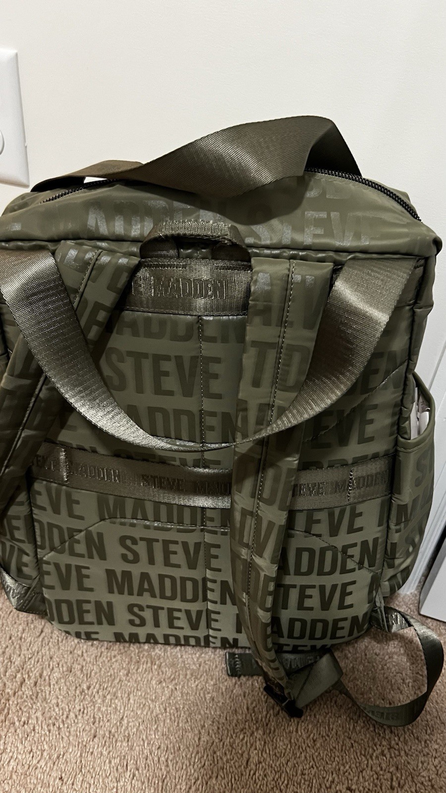 Steve Madden-Logo-Olive Green/Black Medium Backpack-Multiple Zippered Pockets
