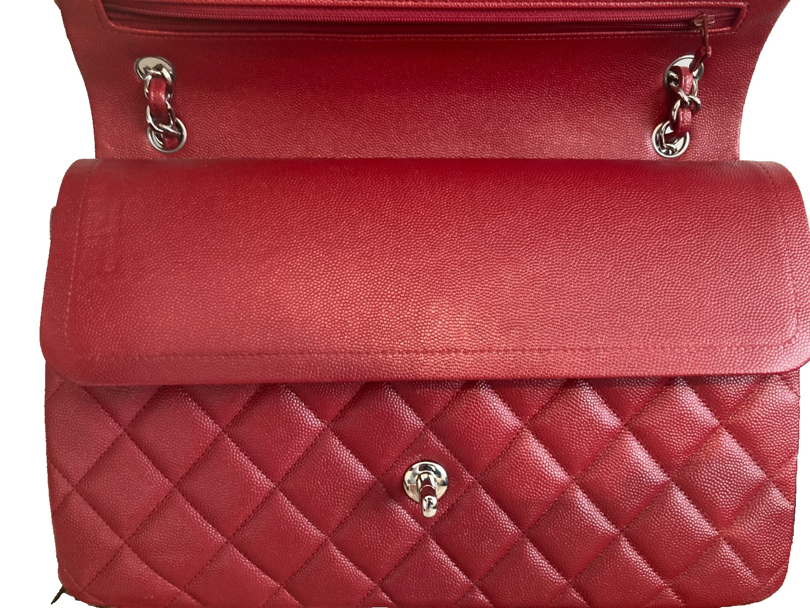 Chanel Classic Flap Jumbo Bag Red Caviar Grained Calfskin Silver Hardware