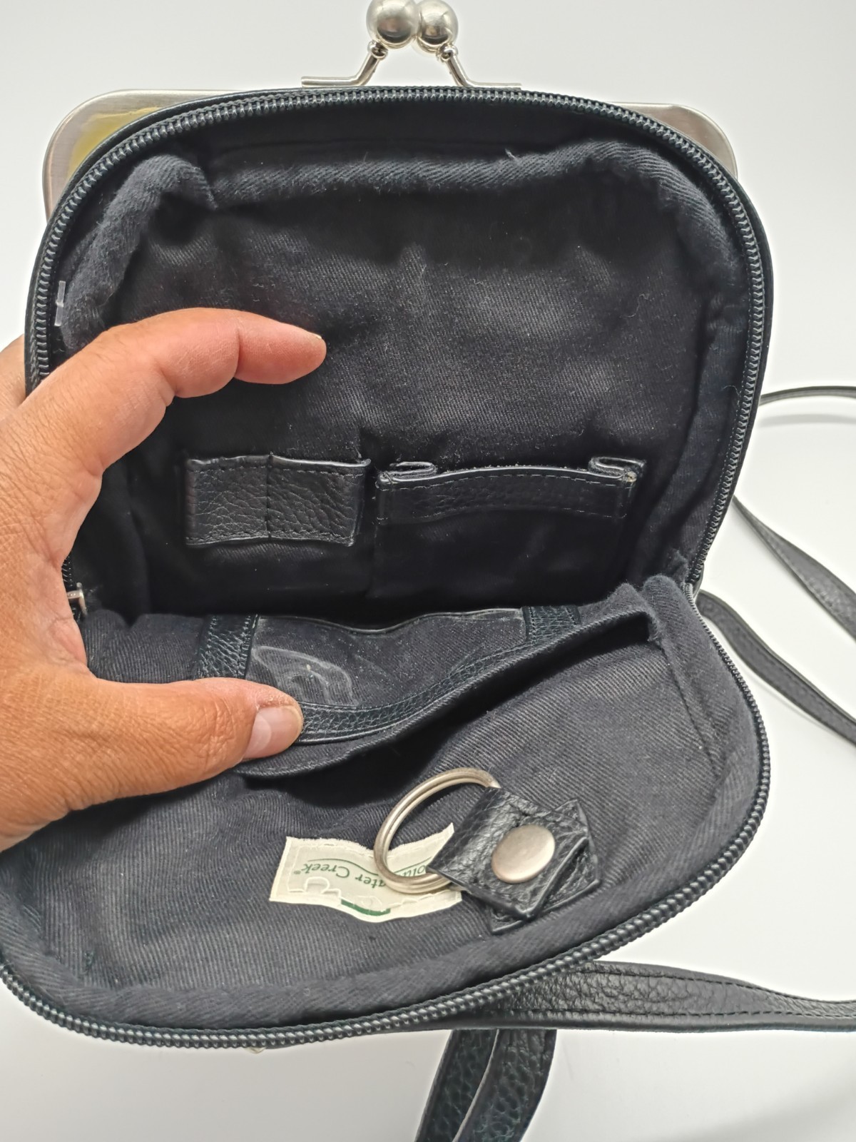 Coldwater Creek Black Leather Kiss Lock Crossbody Wallet Organizer Phone Purse