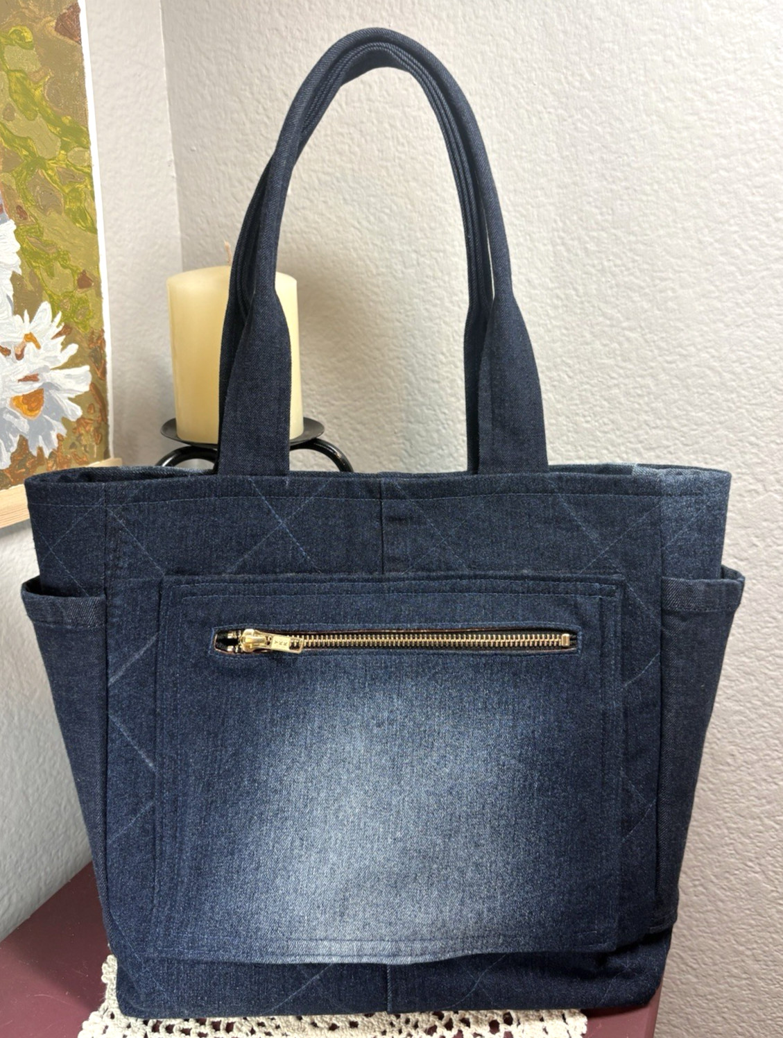 Handmade Upcycled Denim Tote Bag Large Blue Jean Purse Zip & Side Pockets Snap