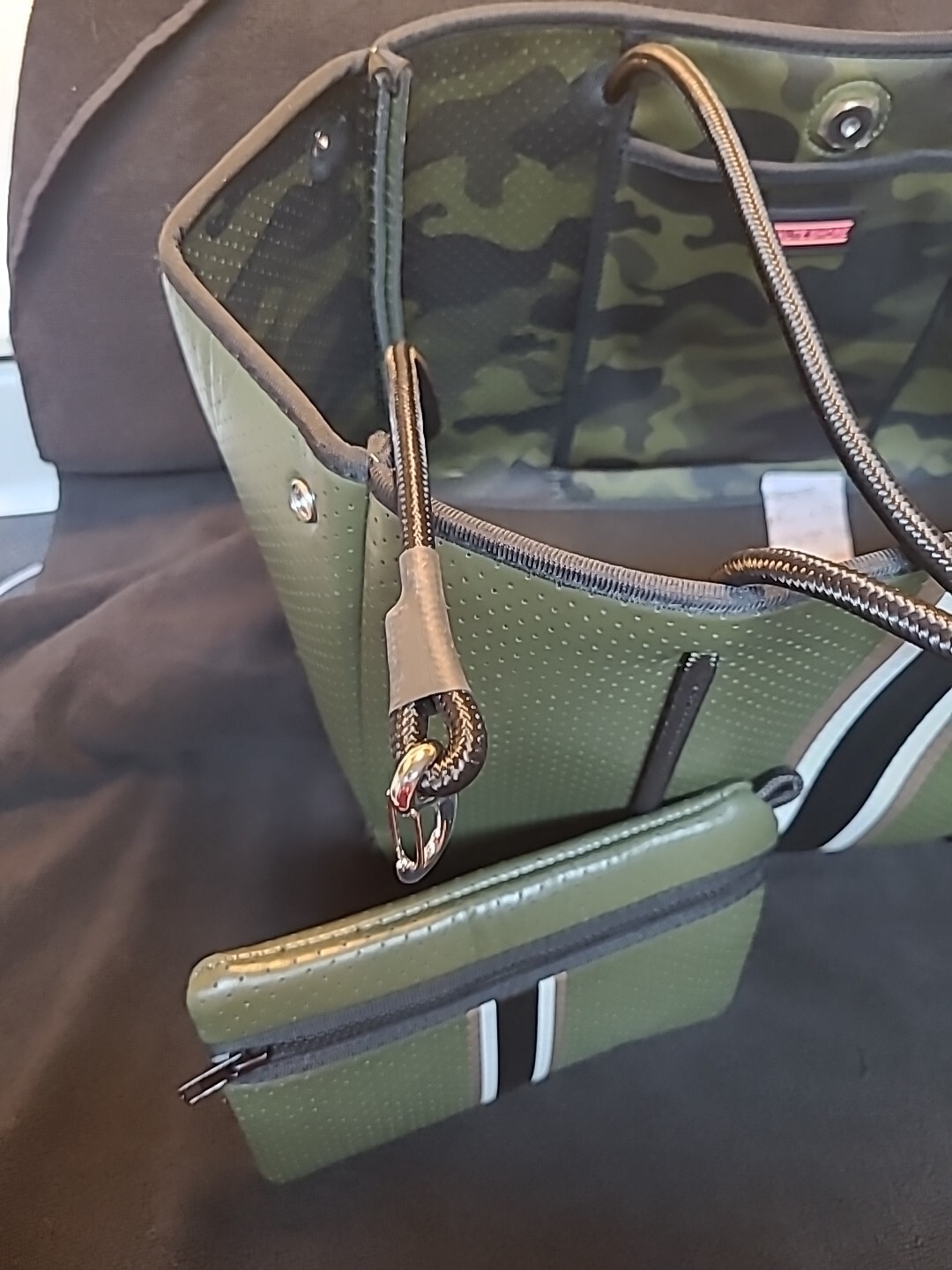 NEW Haute Shore GREYSON ENVY Tote Purse Olive Green Rose Gold Black Stripes Bag