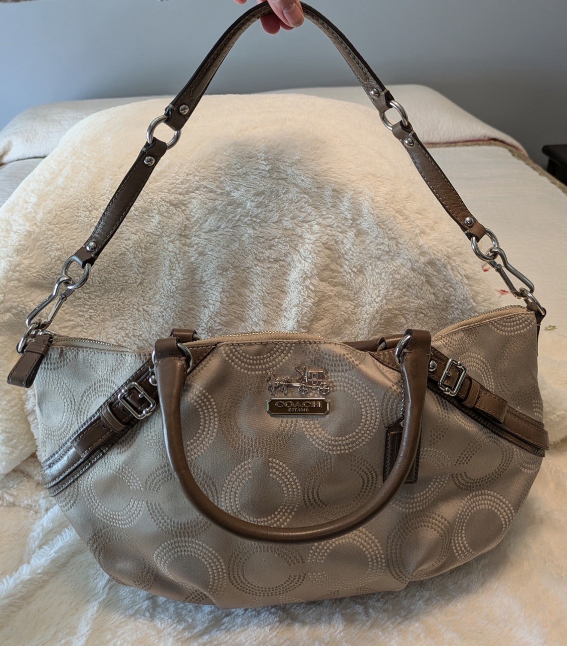 Coach Madison Dotted Op Art Sophia Satchel Gold-Tone Hardware Canvas/Leather