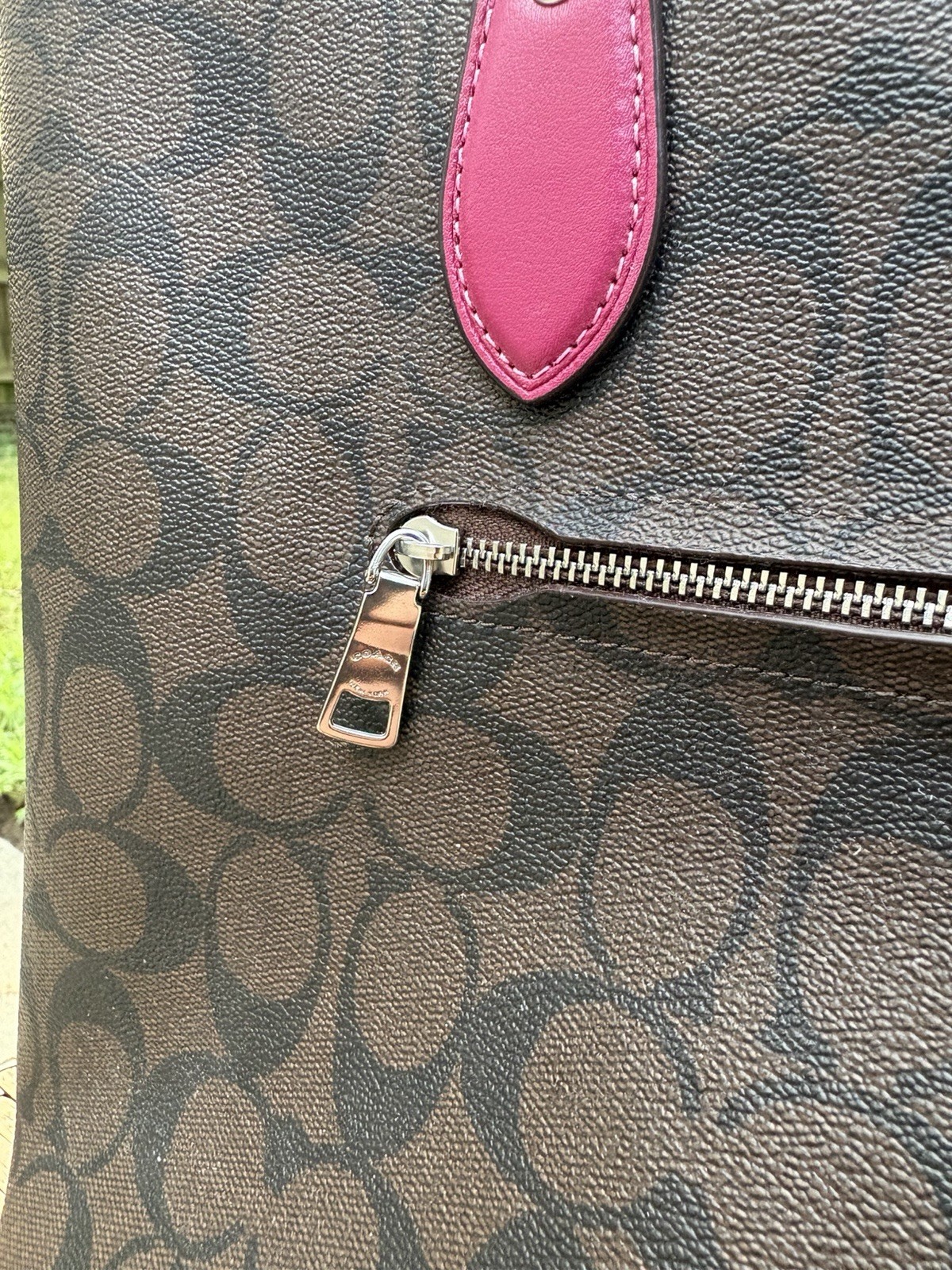 Coach Signature Logo Brown Pink Zip Top Tote Shoulder Bag Charm Silver Hardware