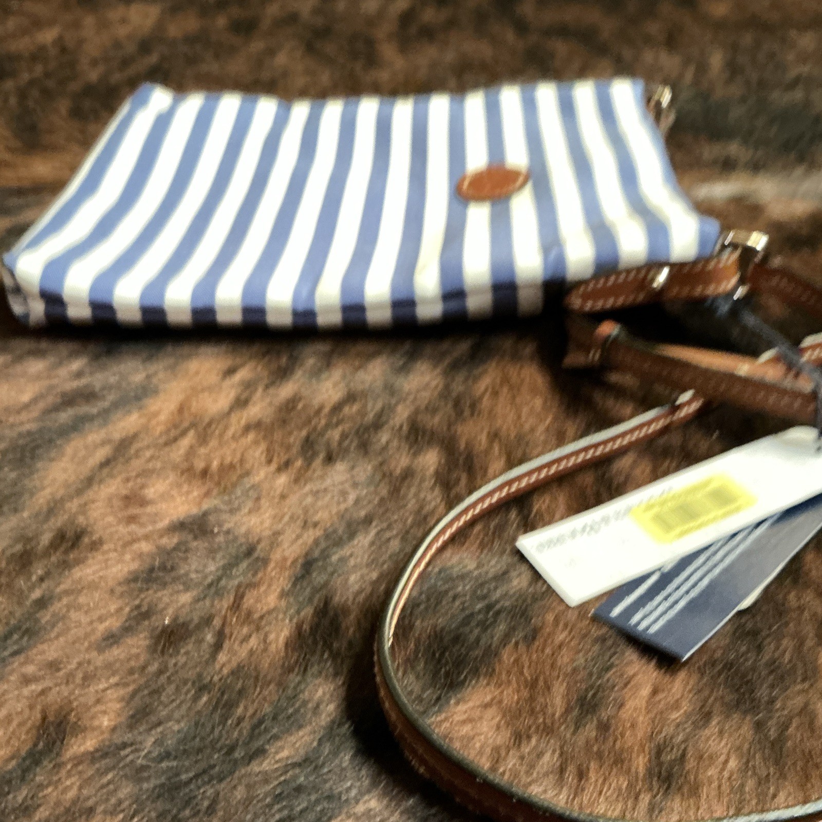 Dooney & Bourke Blue/White Striped Canvas Crossbody Zip Bag Red Lining Gold HW