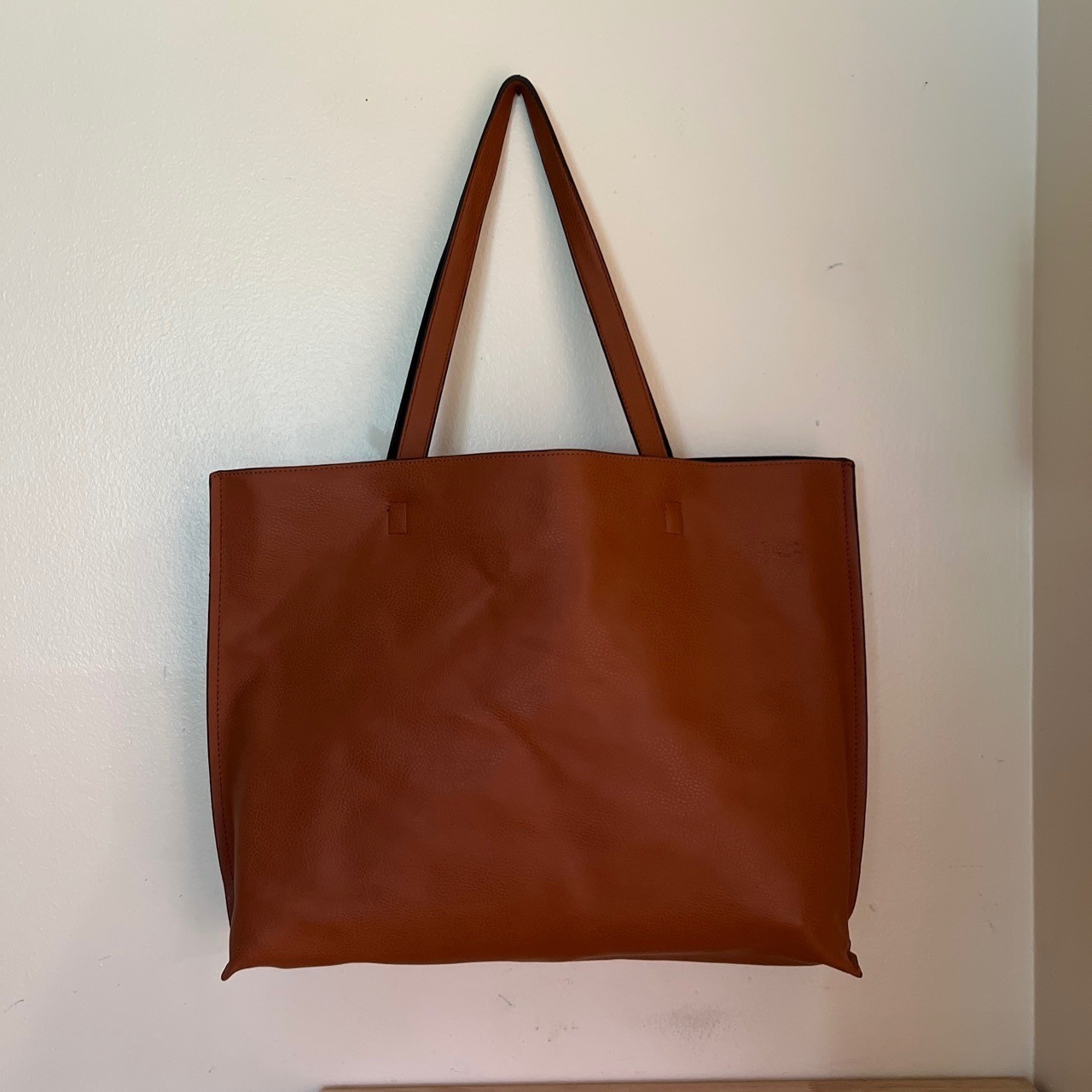 Reversible Vegan Leather Tote Bag with Matching Pouch Black Cognac Brown Large