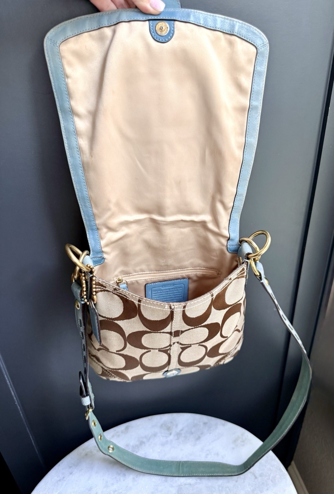 Coach Soho Signature Buckle Flap Shoulder Bag Khaki & Blue 11890 Y2K