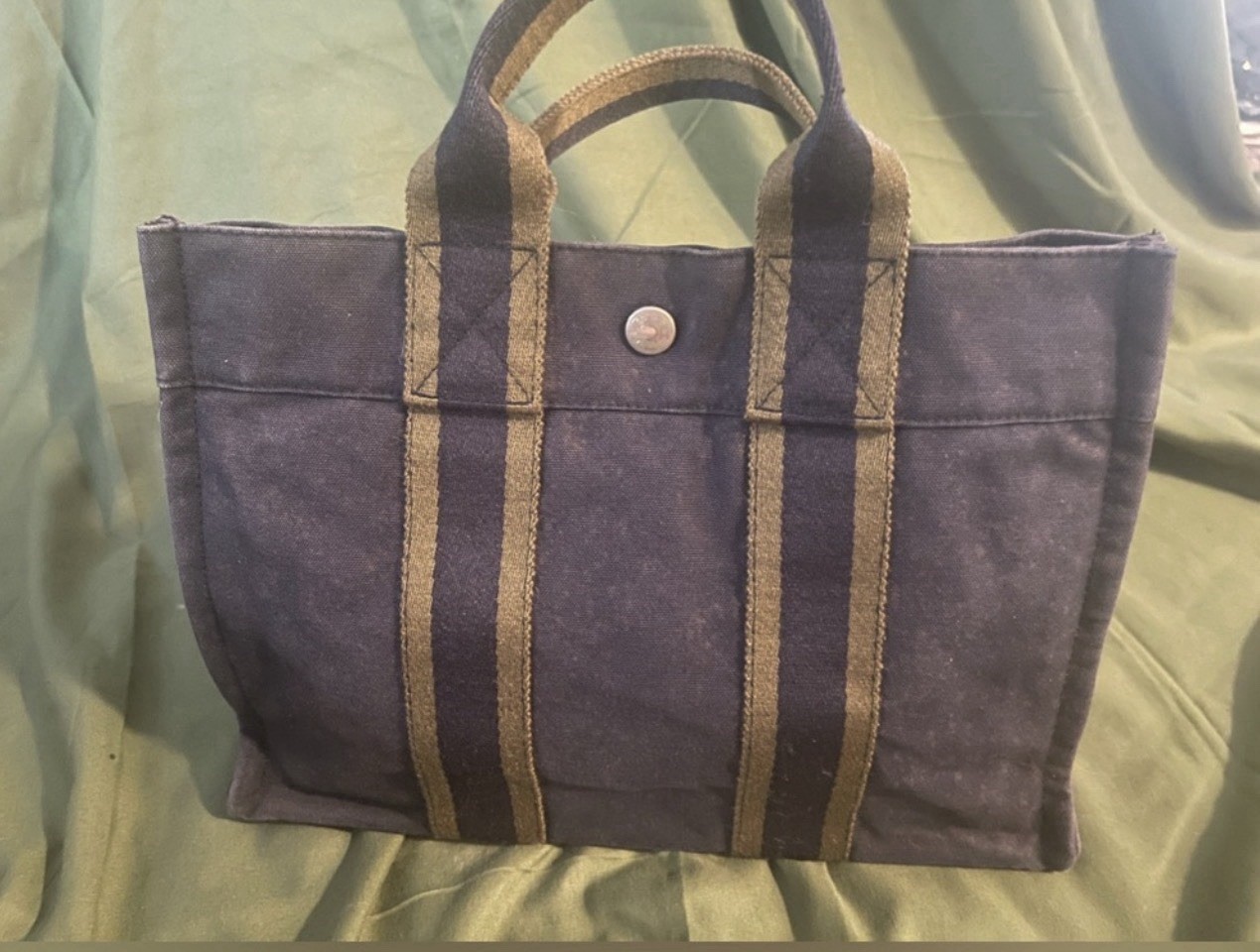 HERMÈS Navy/Brown Striped Tote Snap Closure Detachable Strap Pockets