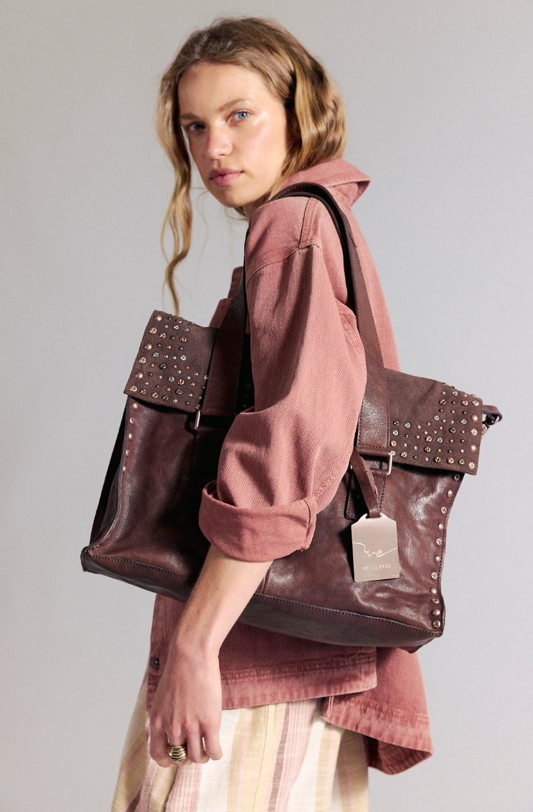 Free People Shay Stud Tote We The Free Bag Messenger Leather Suede Espresso NWT