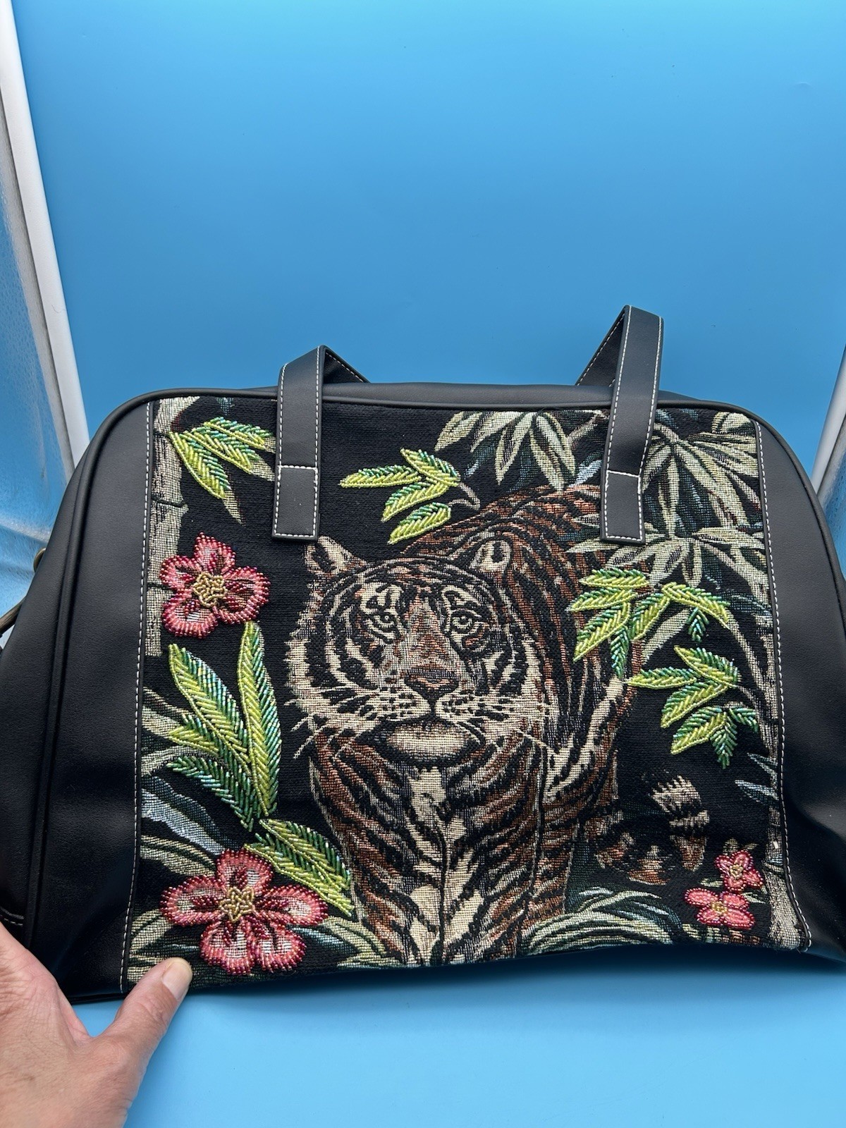 Signature Club A Tiger Floral Embroidered Tapestry Tote Bag Black Faux Leather