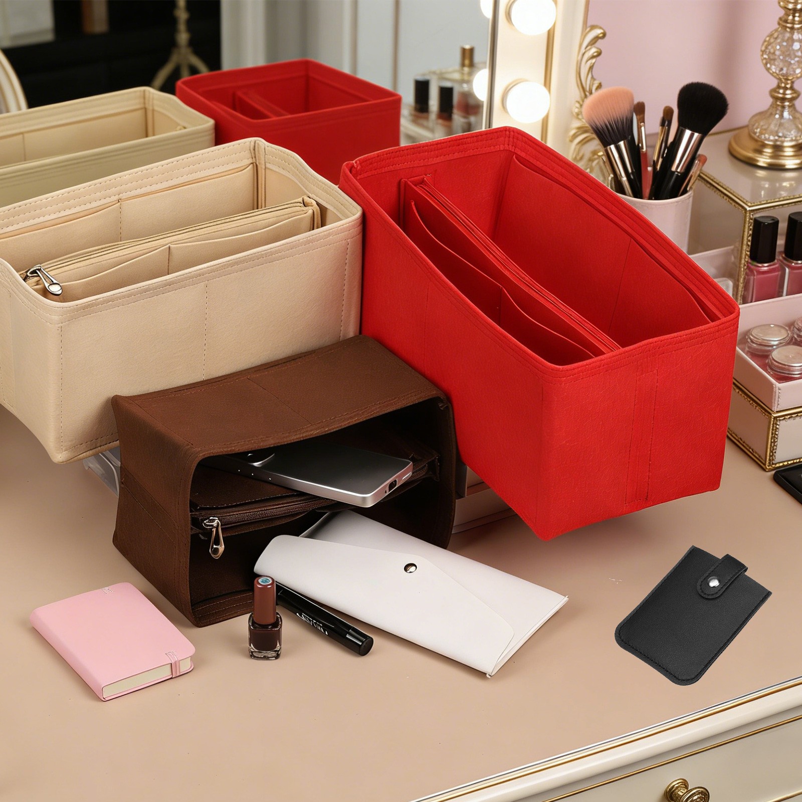 1 Set Bright Red Small Felt Purse Organizer Insert for Women, 23 x 14 x 14cm