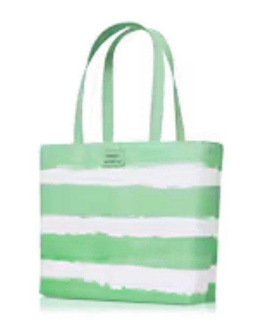Clinique x Drawbertson Spring Travel Tote Bag Mint Green/White Lined Design