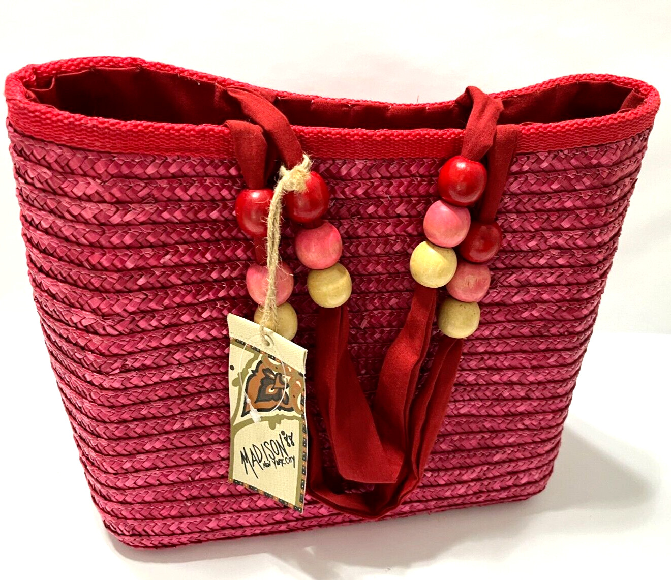 MADISON 88 New York City Women Cherry Straw Handbag Tote Round Wood Bead NEW TAG