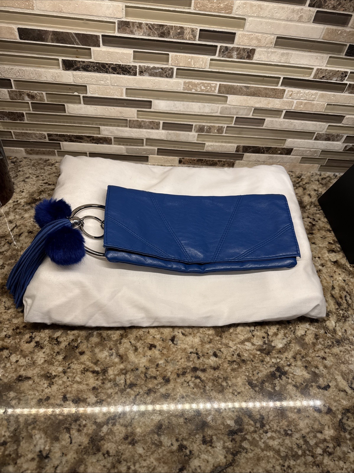 Royal Blue Faux Leather(PVC) Clutch With Inside Zipper/ Key Chain Tassel