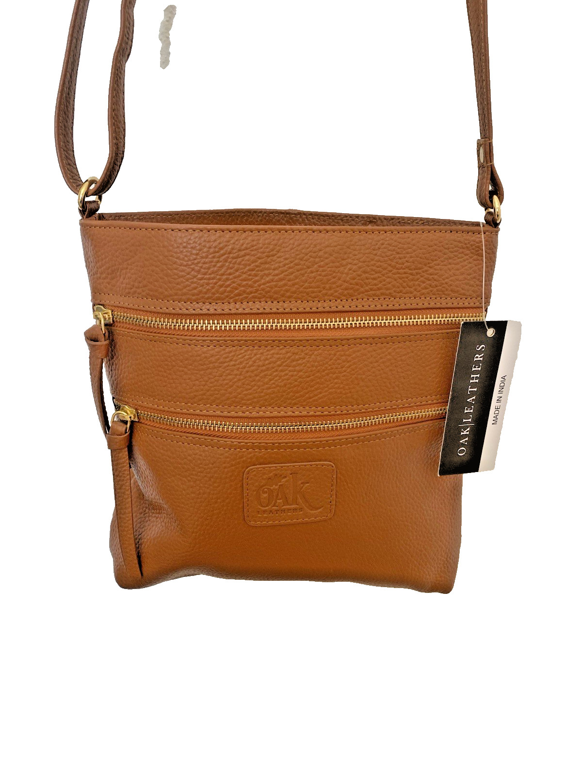 NWT OAK LEATHERS Adjustable Strap Brown Crossbody 2 Outside Pockets Handbag