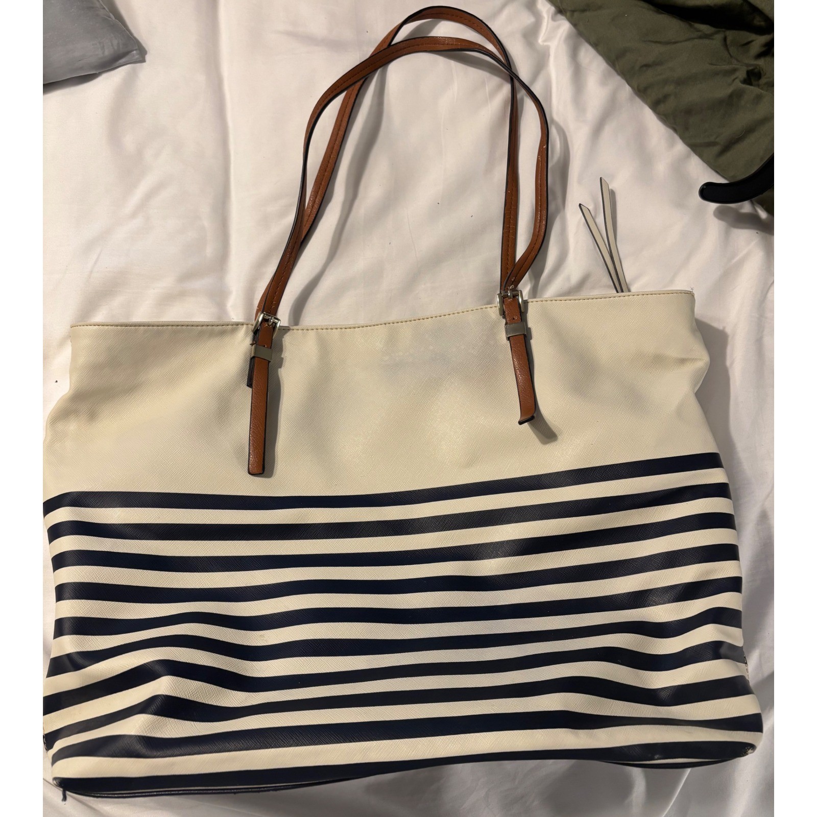 Banana Republic Tote Bag Navy Blue Cream Striped Synthetic Leather Large Handbag