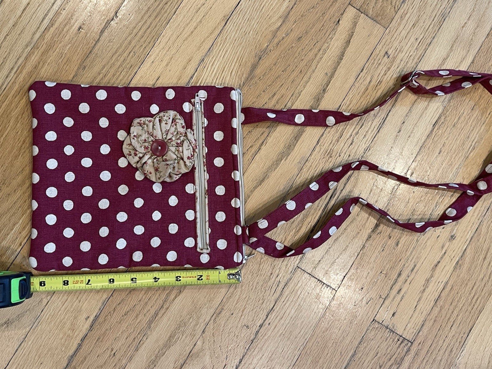 Burgundy Polka Dot Shoulder Bag with Floral Button and Zipper Accent, Small