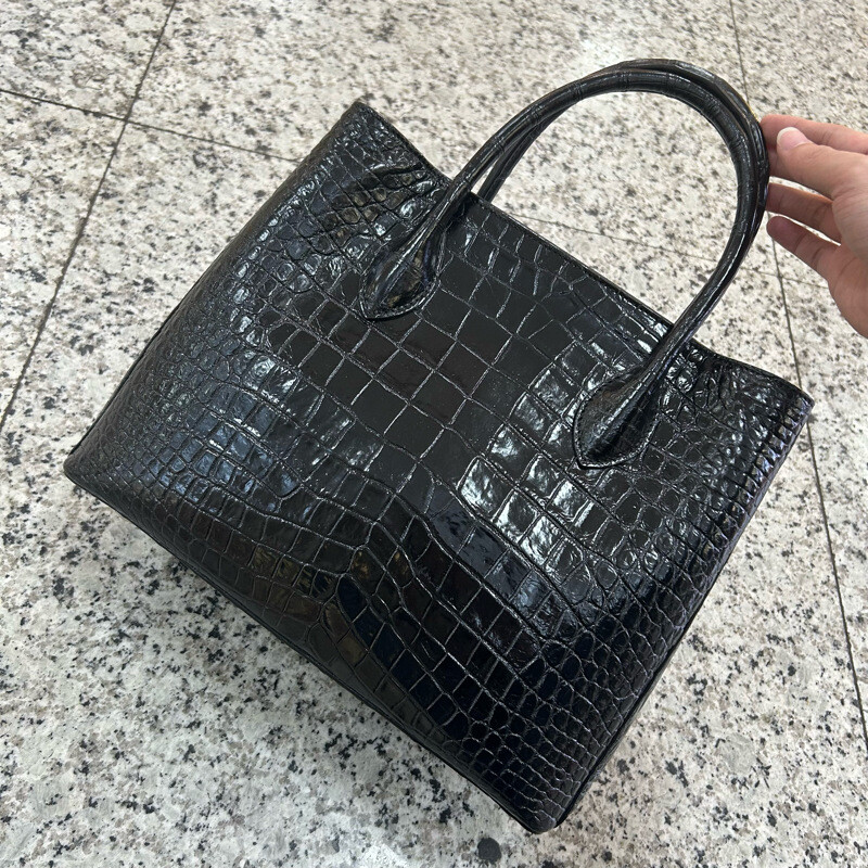 Handcrafted Genuine Croco Belly Skin Black Handbag, Women Crossbody Shoulder Bag