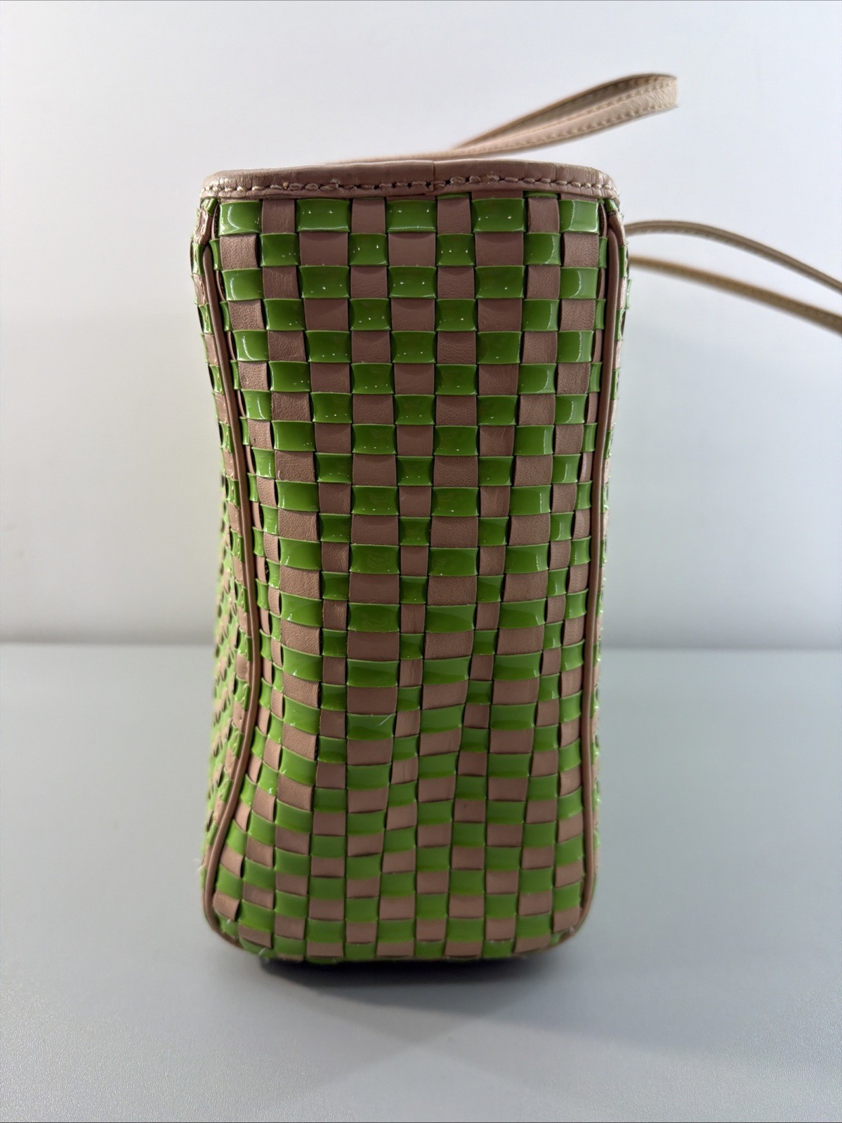 Kate Spade “Bay Street” Lime Green + Beige Woven Patent Leather Tote Satchel