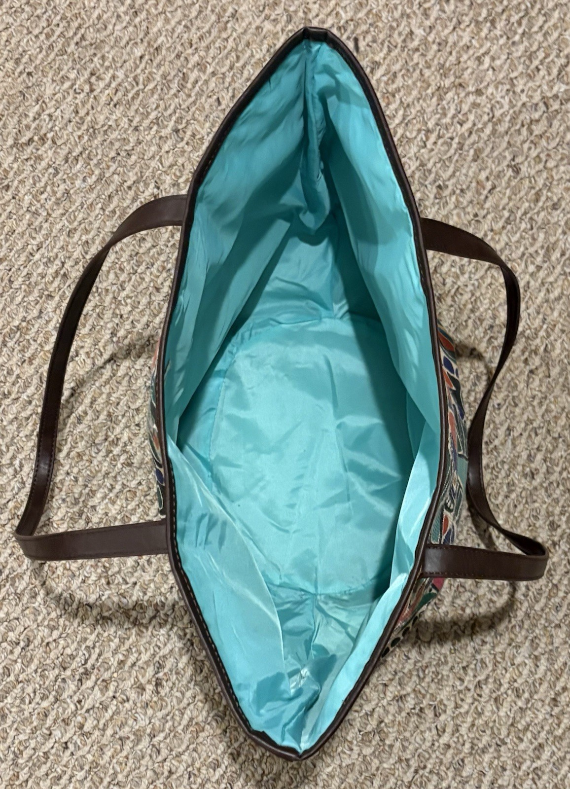 Neiman Marcus Lg Canvas Tote Bag Abstract Floral Vegan Leather Trim Teal Lined