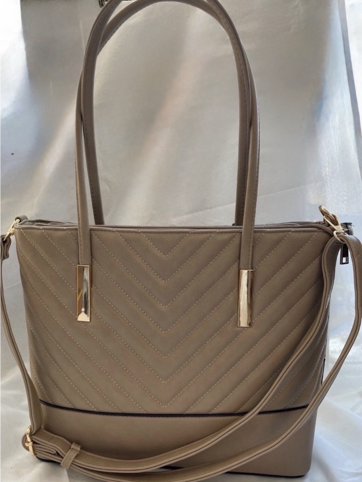 Women’s Beige Quilted Chevron Tote Bag, Zip Closure, Detachable Strap, Gold