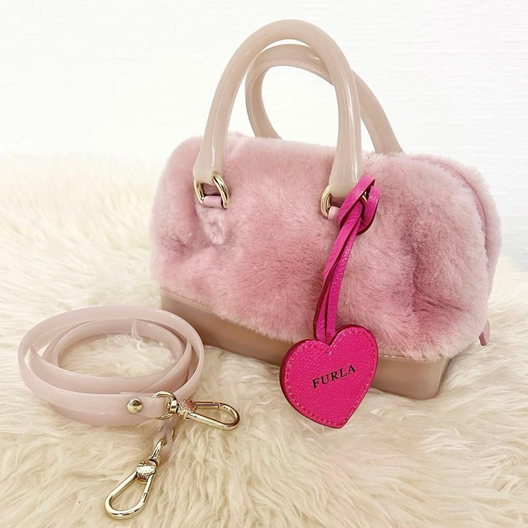 Authentic Rare FURLA Faux Fur Mini Boston Shoulder Handbag Pink