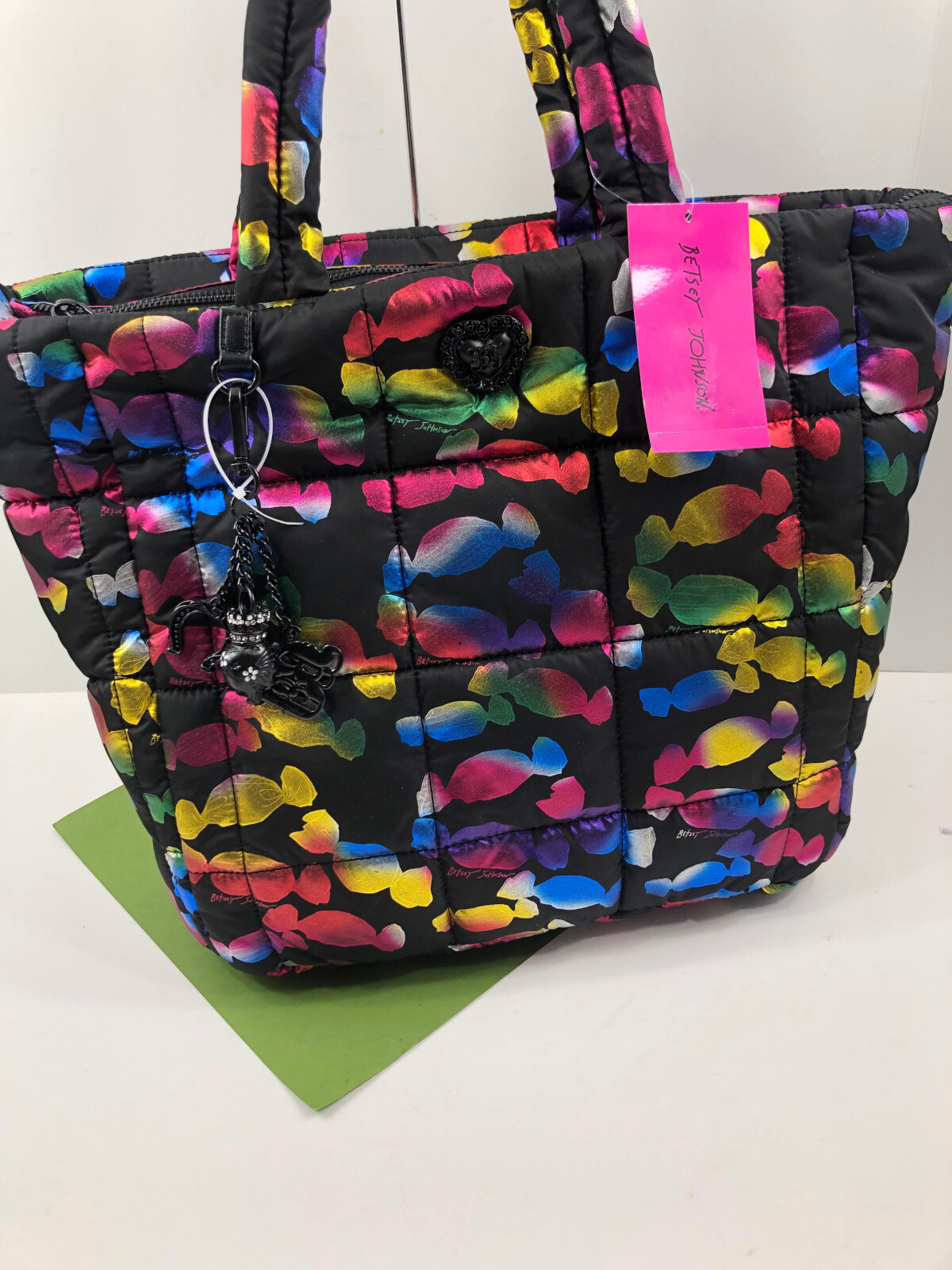 Betsey Johnson Puffy Posey Tote Black CANDY Neon Multi Bright Skull Tag NWT