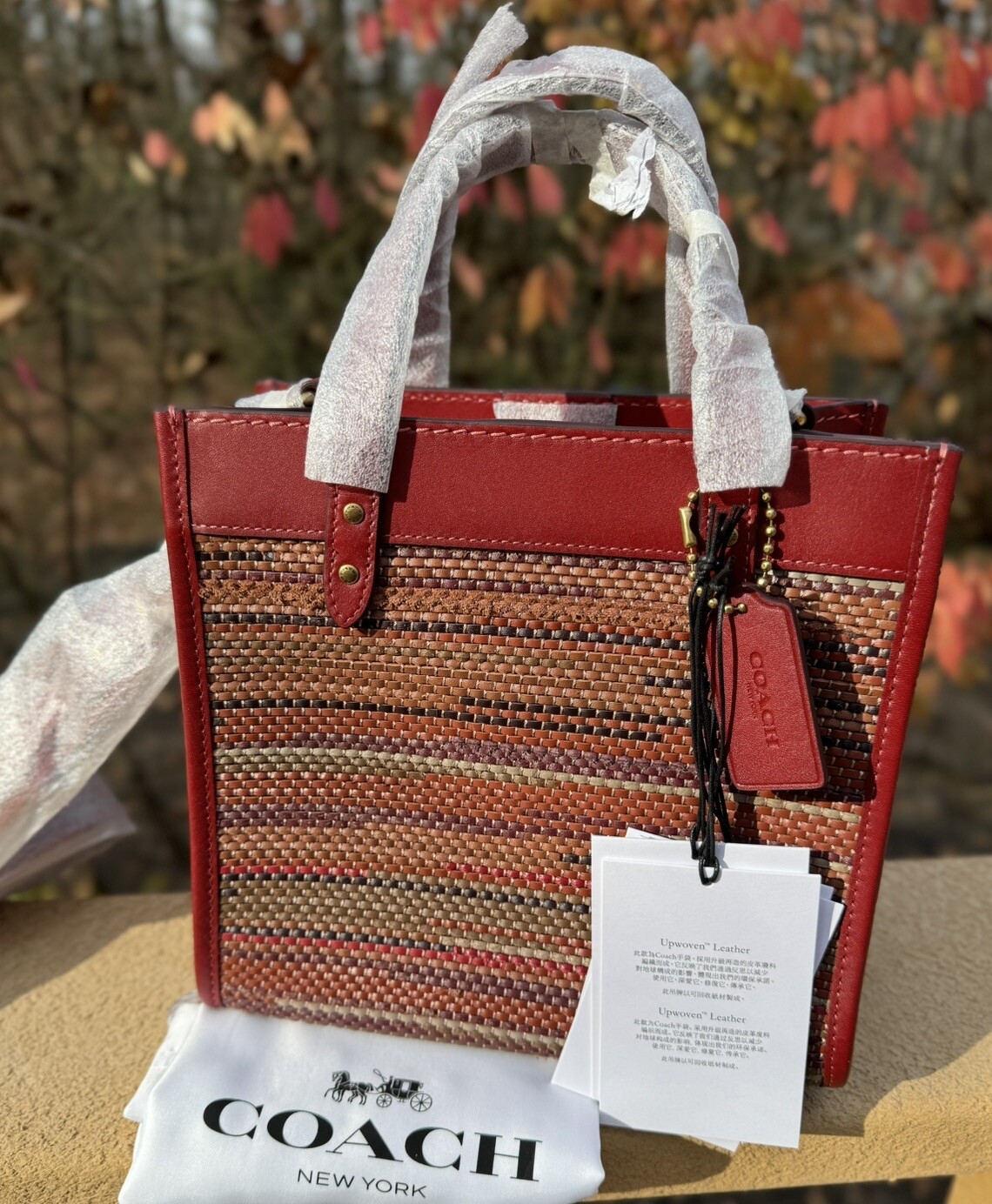 Coach Field Tote 22 Upwoven Leather/Glovetanned Brick Red Multi NWT $495 RARE