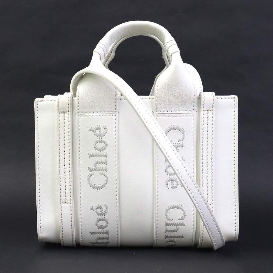 Auth Chloe Woody Leather Tote Bag Shoulder Bag White Leather – h32398i