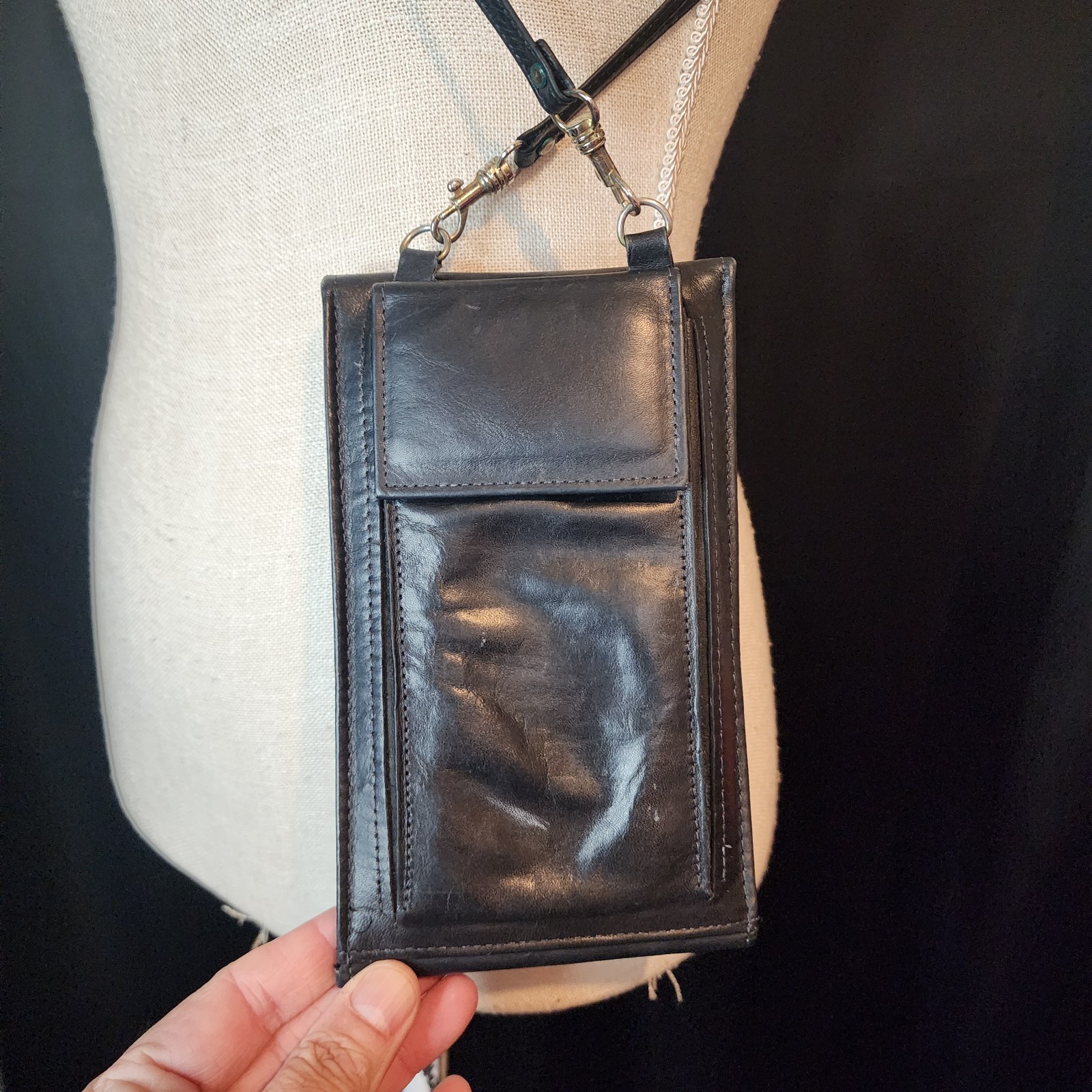 Vintage Leather No Name Black Crossbody Checkbook Bag