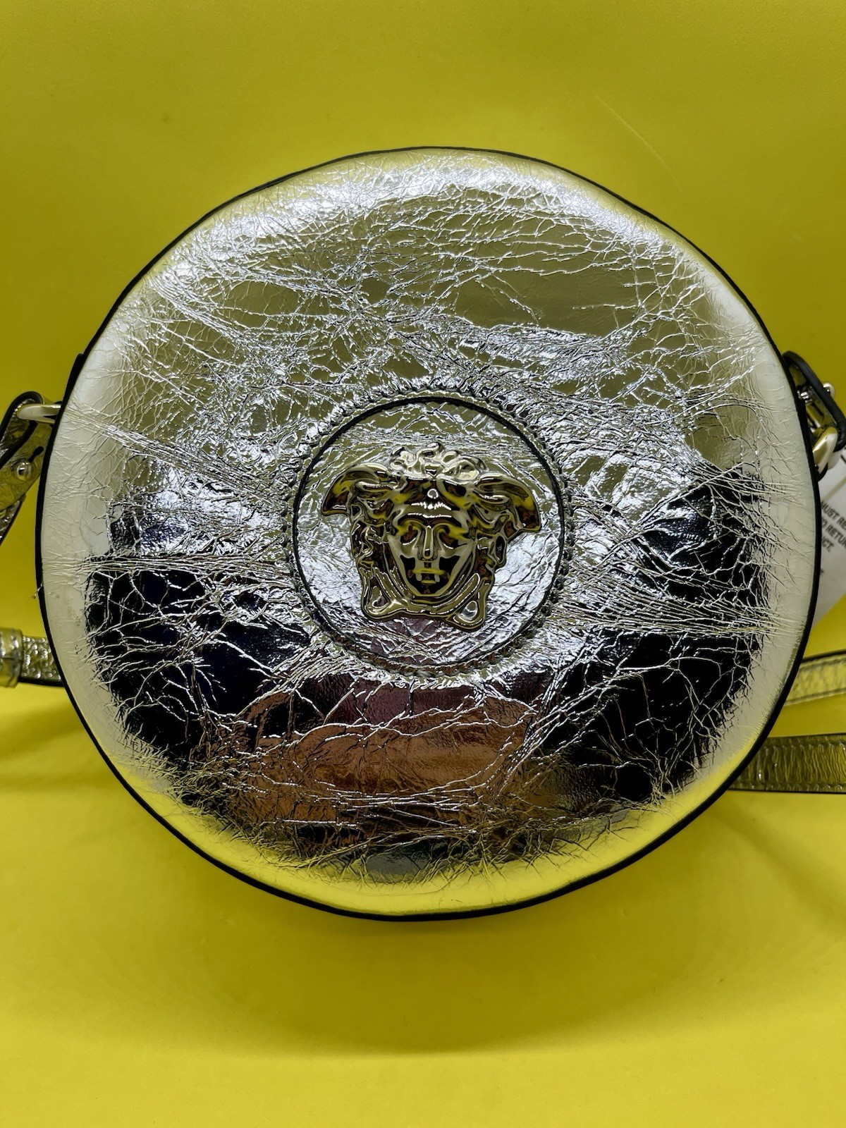 VERSACE La Medusa Leather Round Disco Camera Crossbody Bag Small Metallic Silver