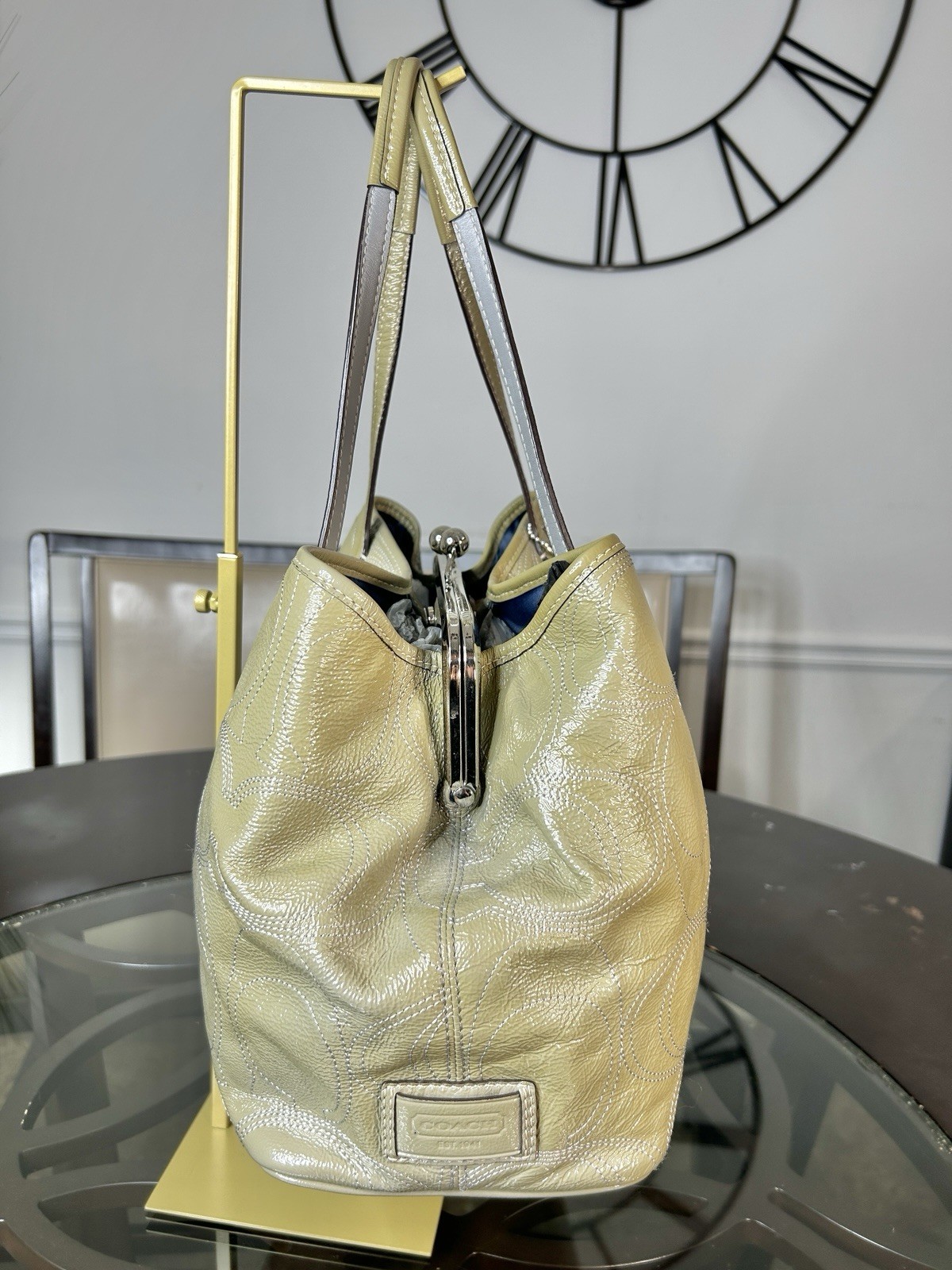 Coach Stitched Signature C Patent Leather Kisslock Tote Bag Gray F15658