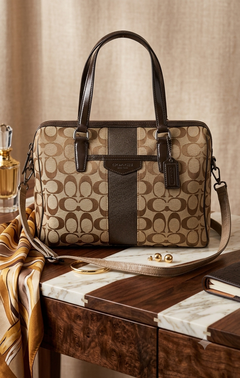 Coach F28505 Nancy Satchel Signature Stripe Beige Brown Handbag Tote w/ Shoulder