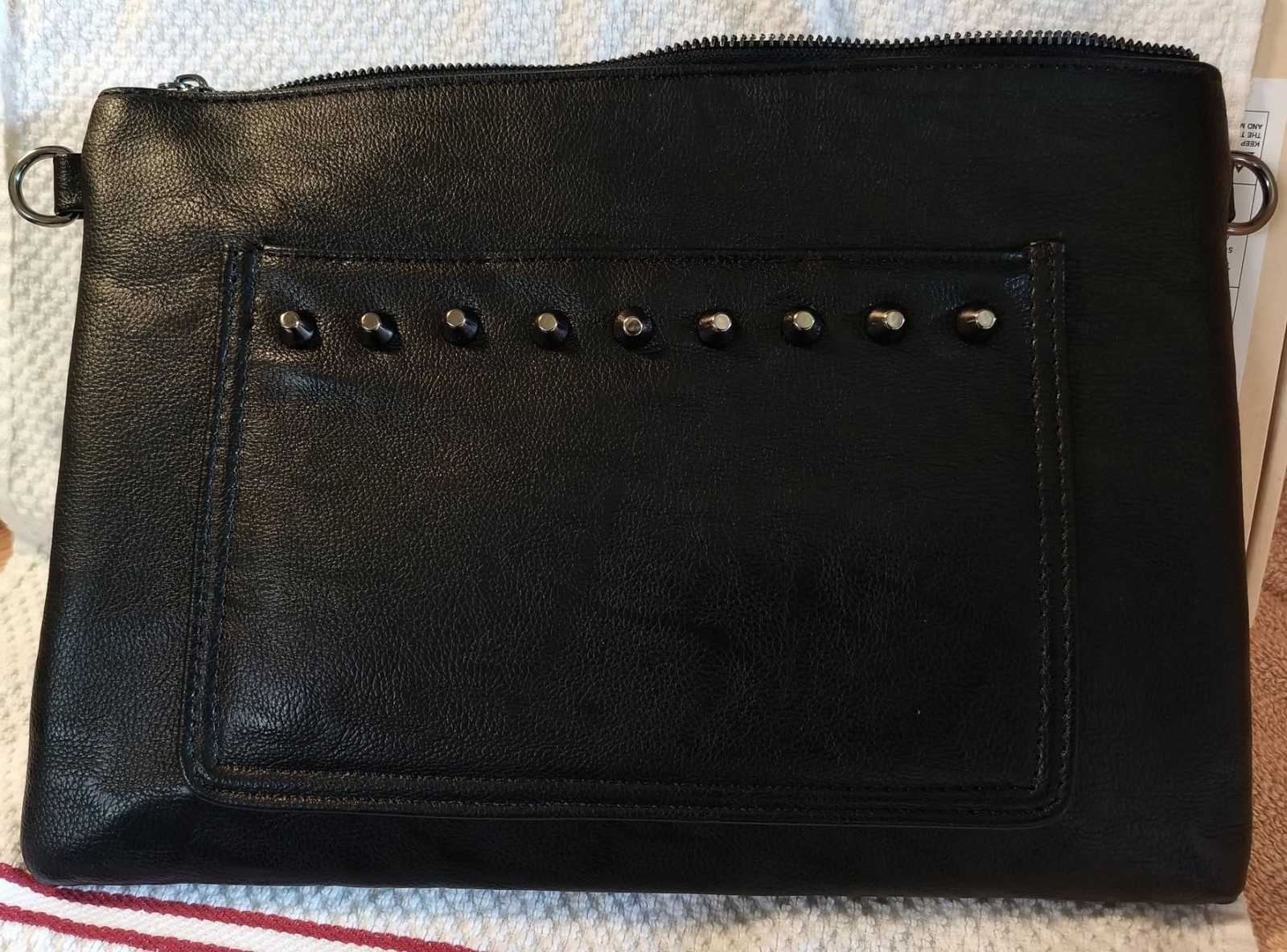 pu leather purse w skull imprint, studs, zipper & magnetic closures 12 X 8 1/2″
