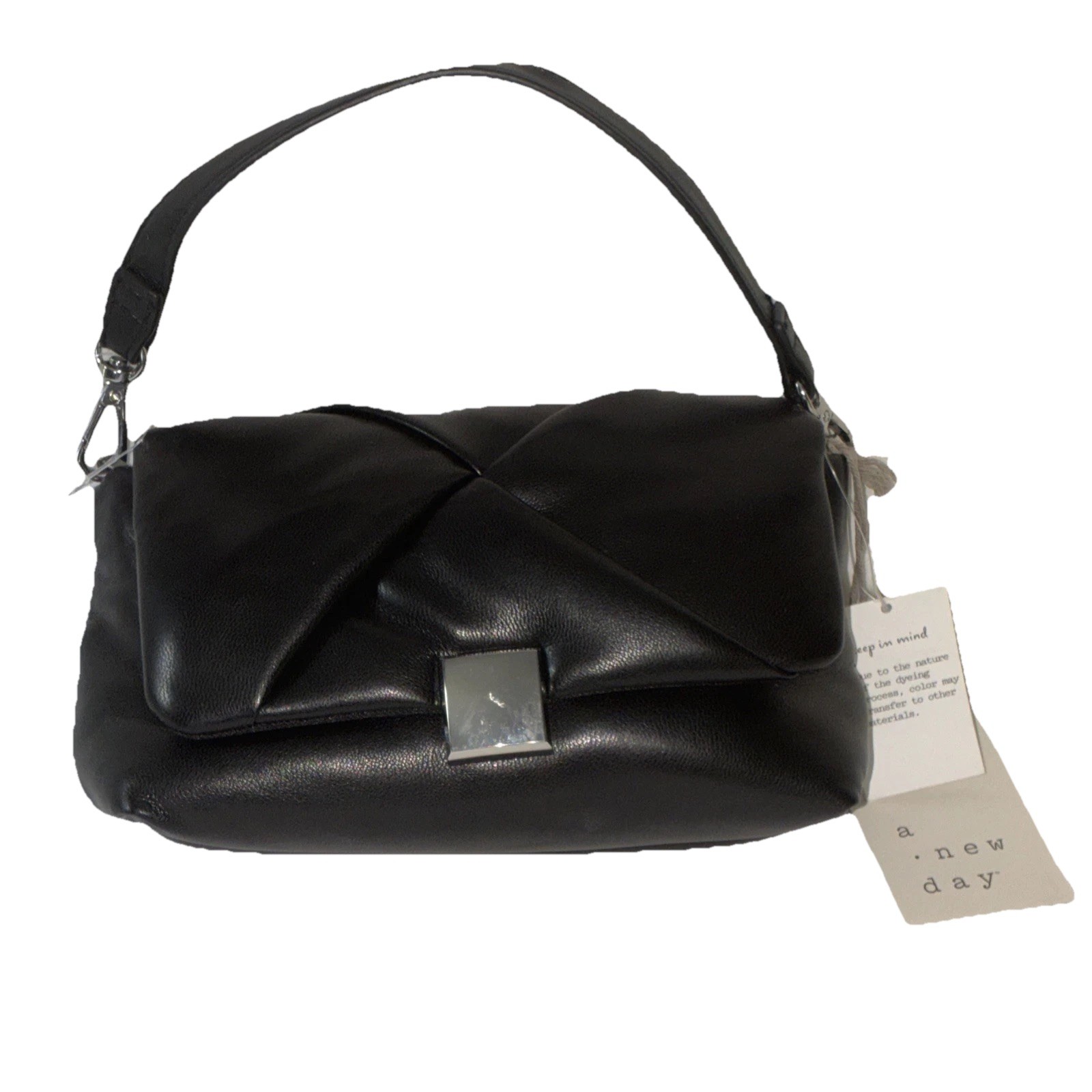 “A New Day” Black Leather-Like Handbag Snap Close Little Purse Silver Accents
