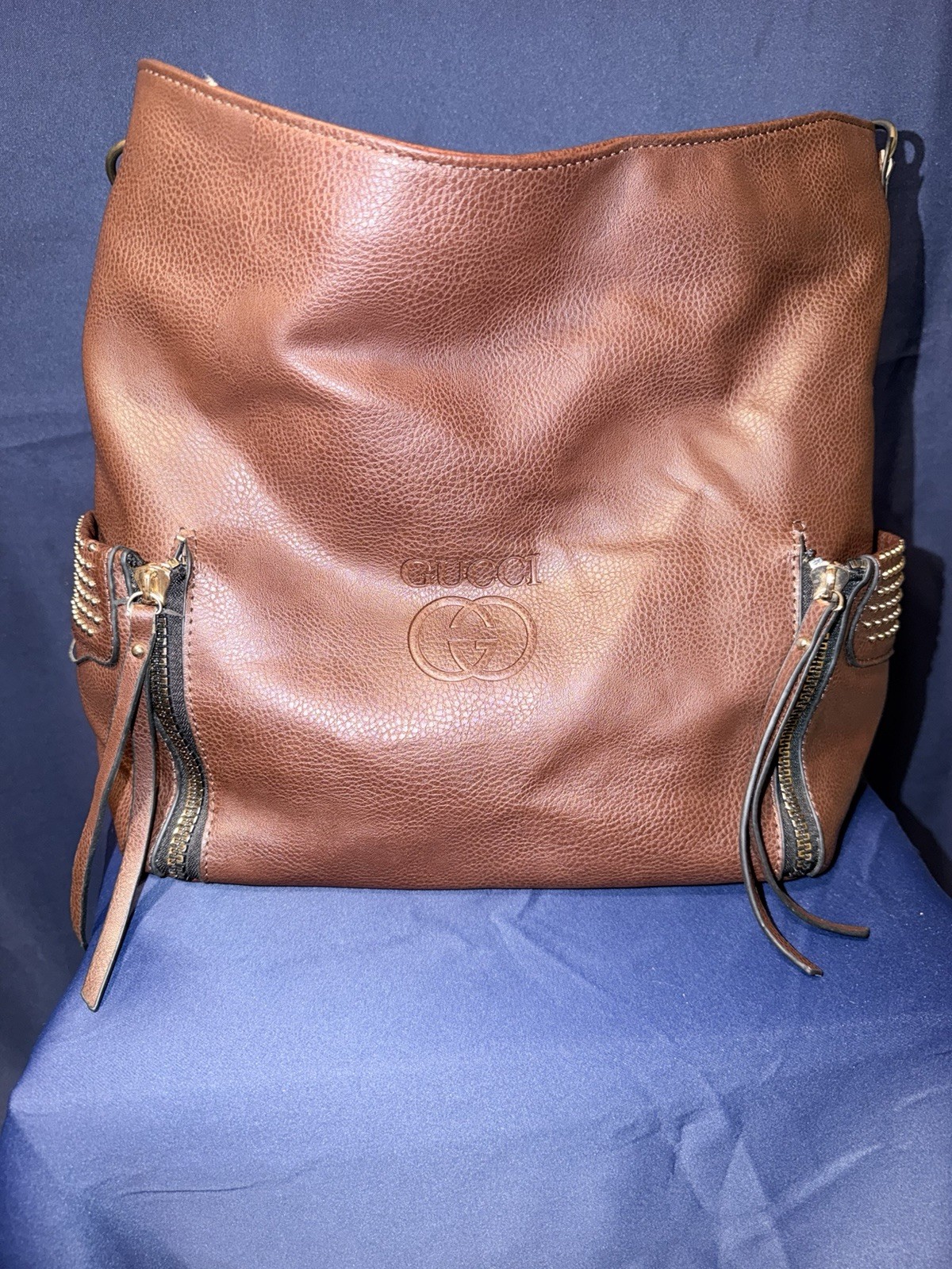 Large Brown Pebbled Satchel Top Handle Bag Zip Closure Studded Pockets Gold