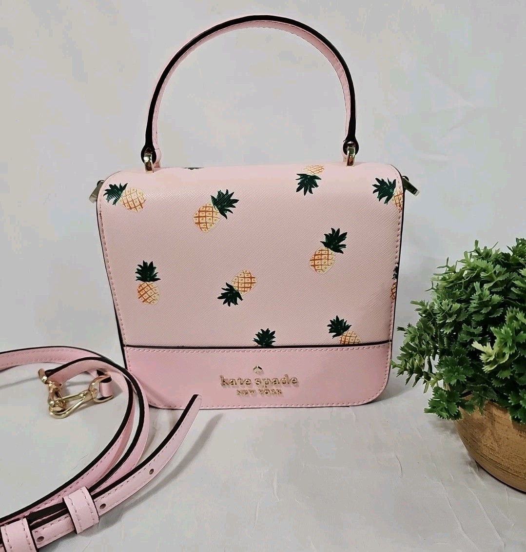 Kate Spade Staci Square Pink Pineapple Crossbody Handbag Purse Saffiano *READ
