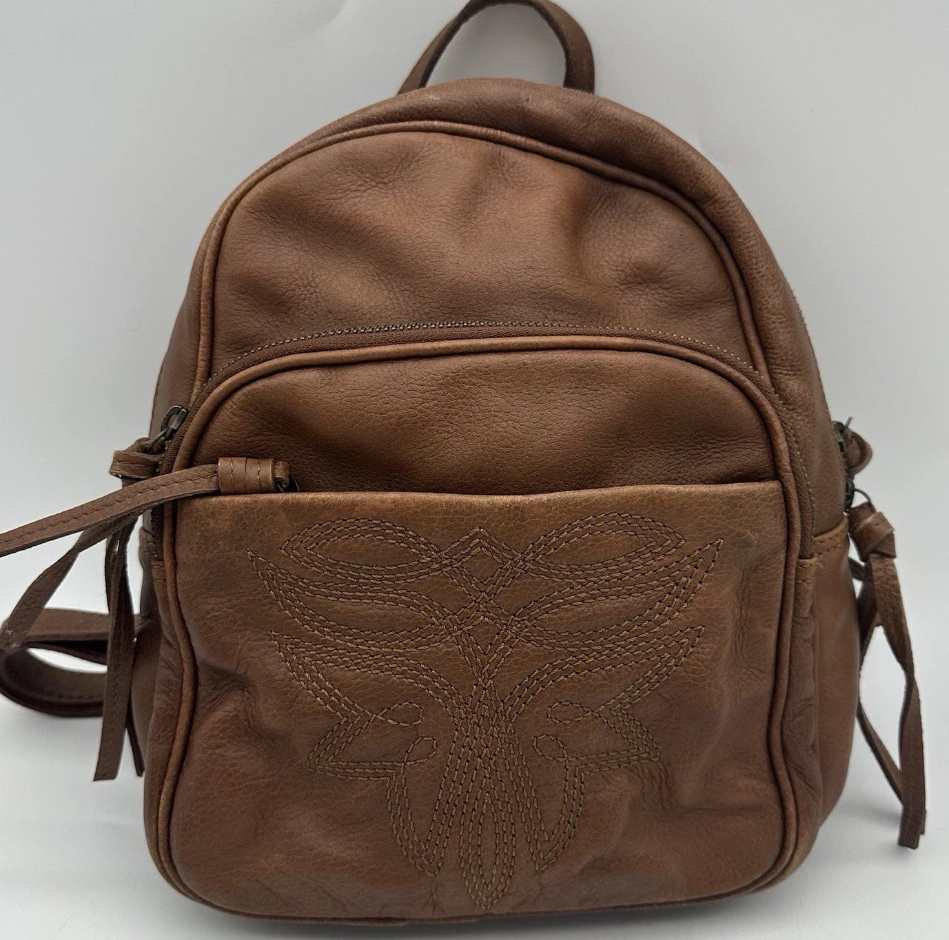 Frye Charlene Embroidered Leather Backpack In Color Cognac 10.5” Design On Front