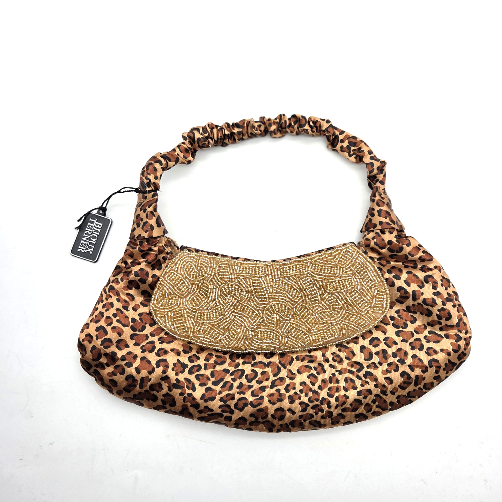 Bijoux Terner Purse Handbag Leopard Print With Beading Brown Black Gold Lined
