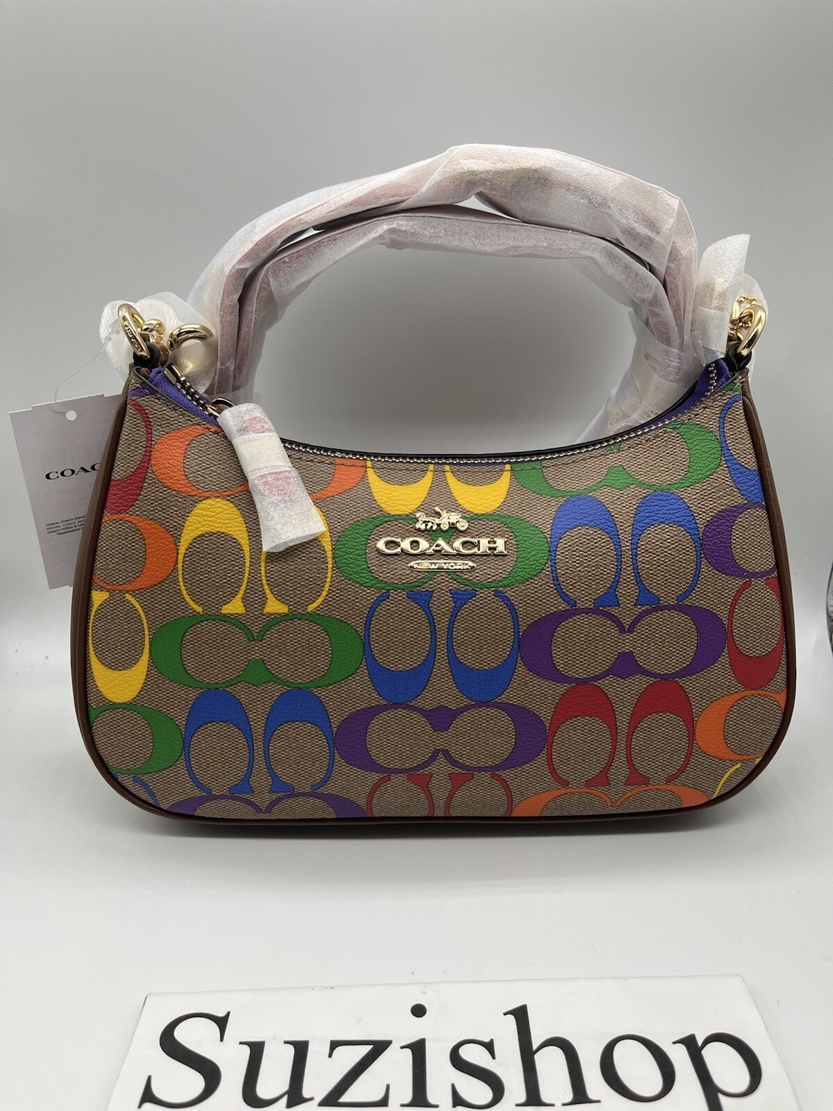 Coach Teri shoulder bag in rainbow signature canvas gold khaki multi style CA176